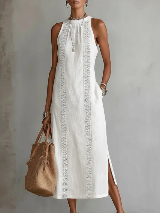 Women's Side Slit Sleeveless Hollow Out Trimmed Midi Dress White