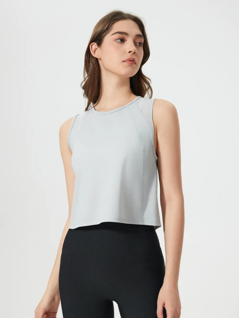 Open Back Slit Round Neck Activewear Tank Top Light Gray