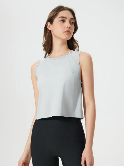 Open Back Slit Round Neck Activewear Tank Top Light Gray
