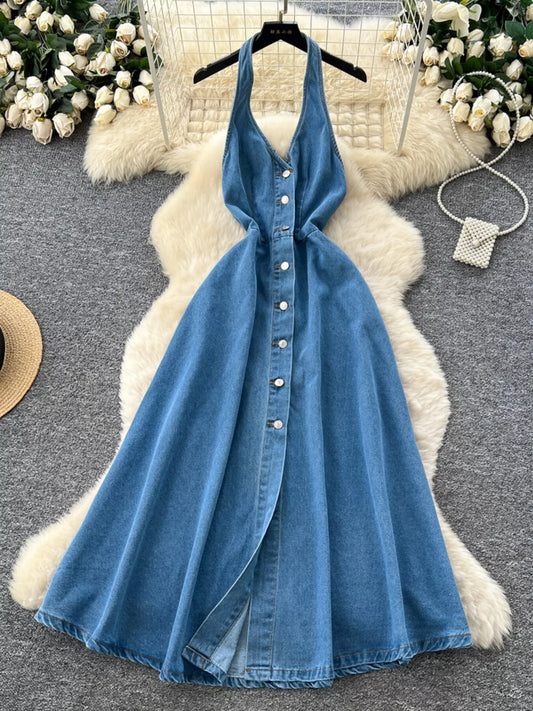 Women's Halter Neck Button Down Denim Maxi Dress Blue
