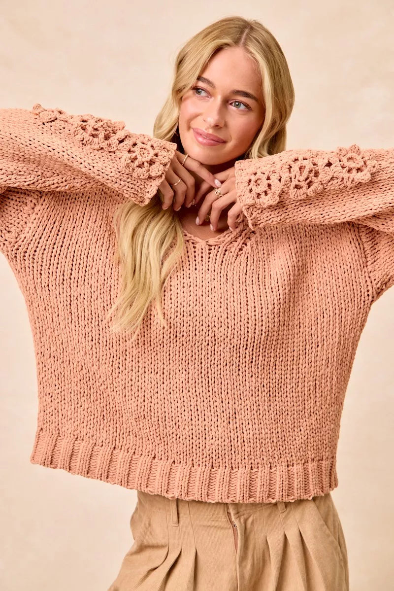 Knit V Neck Sweater with Flower Detailed Sleeves | Trendy Sweaters Outfit Idea for Women by Ro + Ivy | Elevated Basics, Modern Comfort & Style