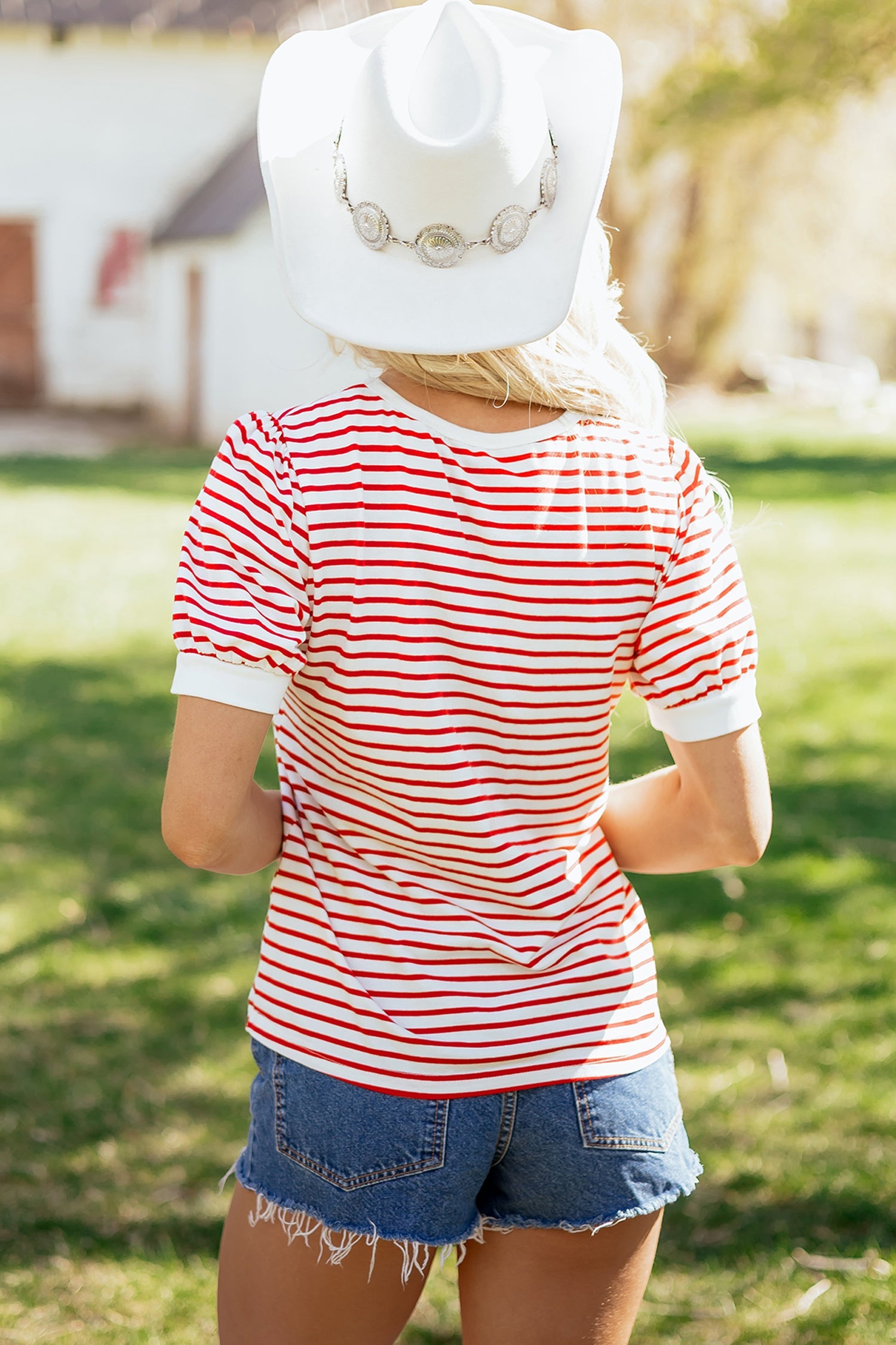 Classic Striped Puff Sleeve Casual T-Shirt — Comfortable Relaxed Everyday Style - Tops & Tees