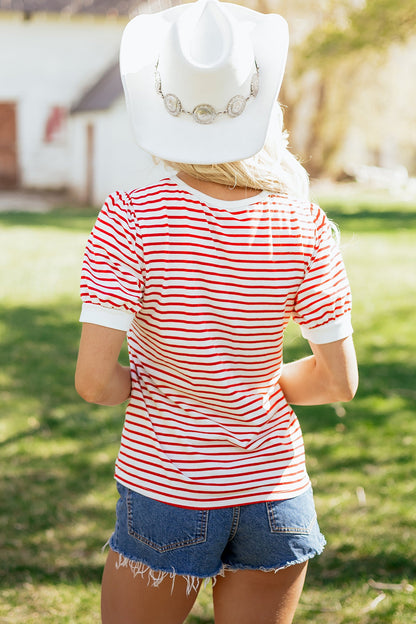 Classic Striped Puff Sleeve Casual T-Shirt — Comfortable Relaxed Everyday Style - Tops & Tees