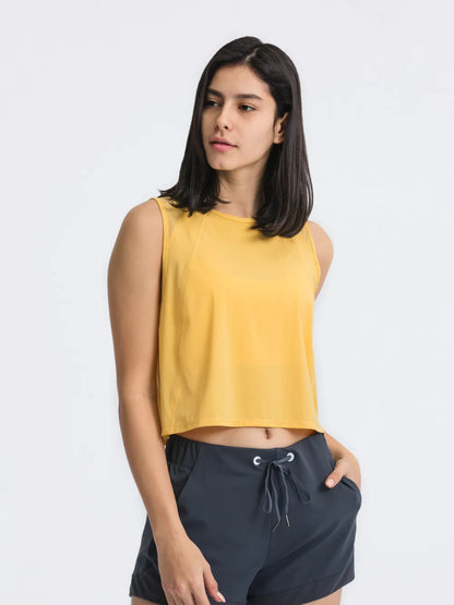 Open Back Slit Round Neck Activewear Tank Top Gold