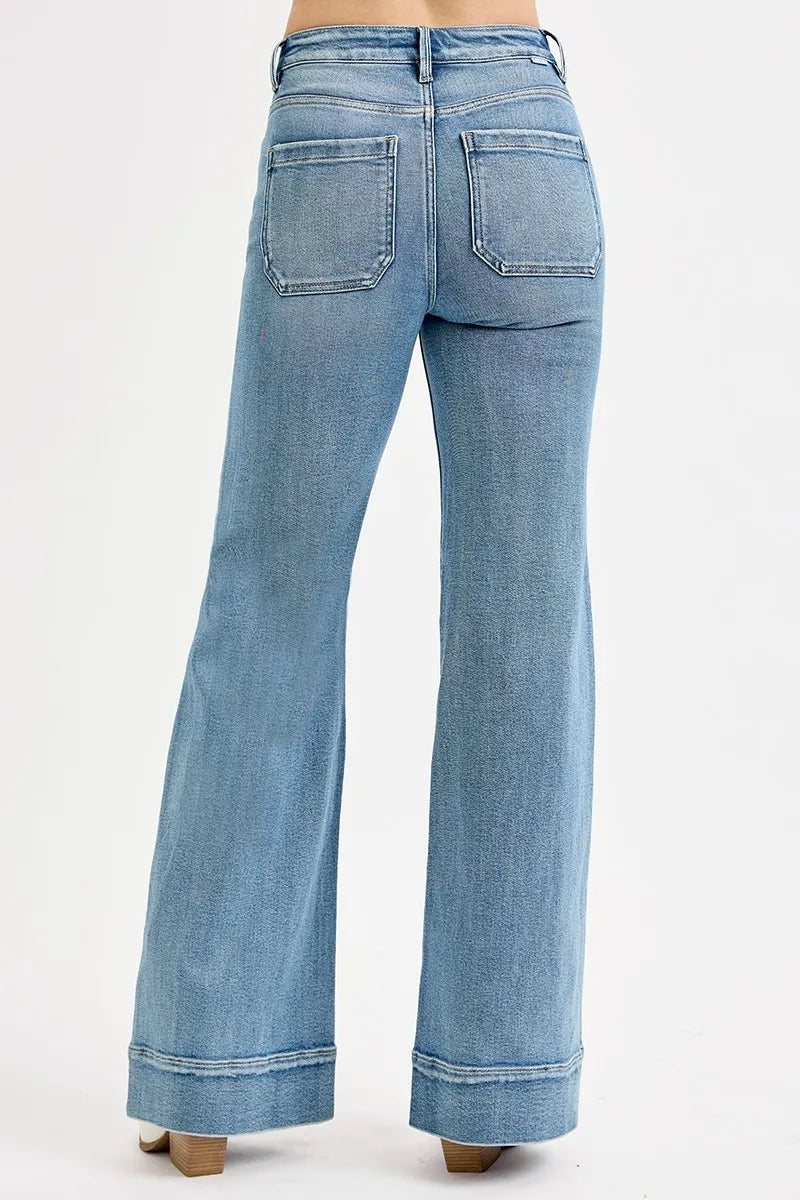 Full Size High Rise Wide Flare Patch Pocket Jeans Plus Size – outfit idea for women | Ro + Ivy