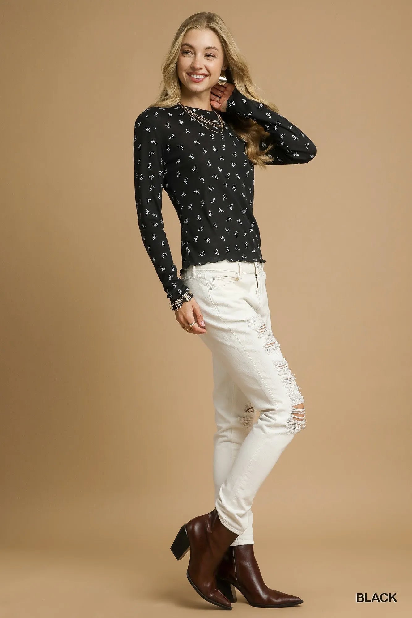 Bow Print Lightweight Long Sleeve Knit Top | Trendy Tops Outfit Idea for Women by Ro + Ivy | Elevated Basics, Modern Comfort & Style