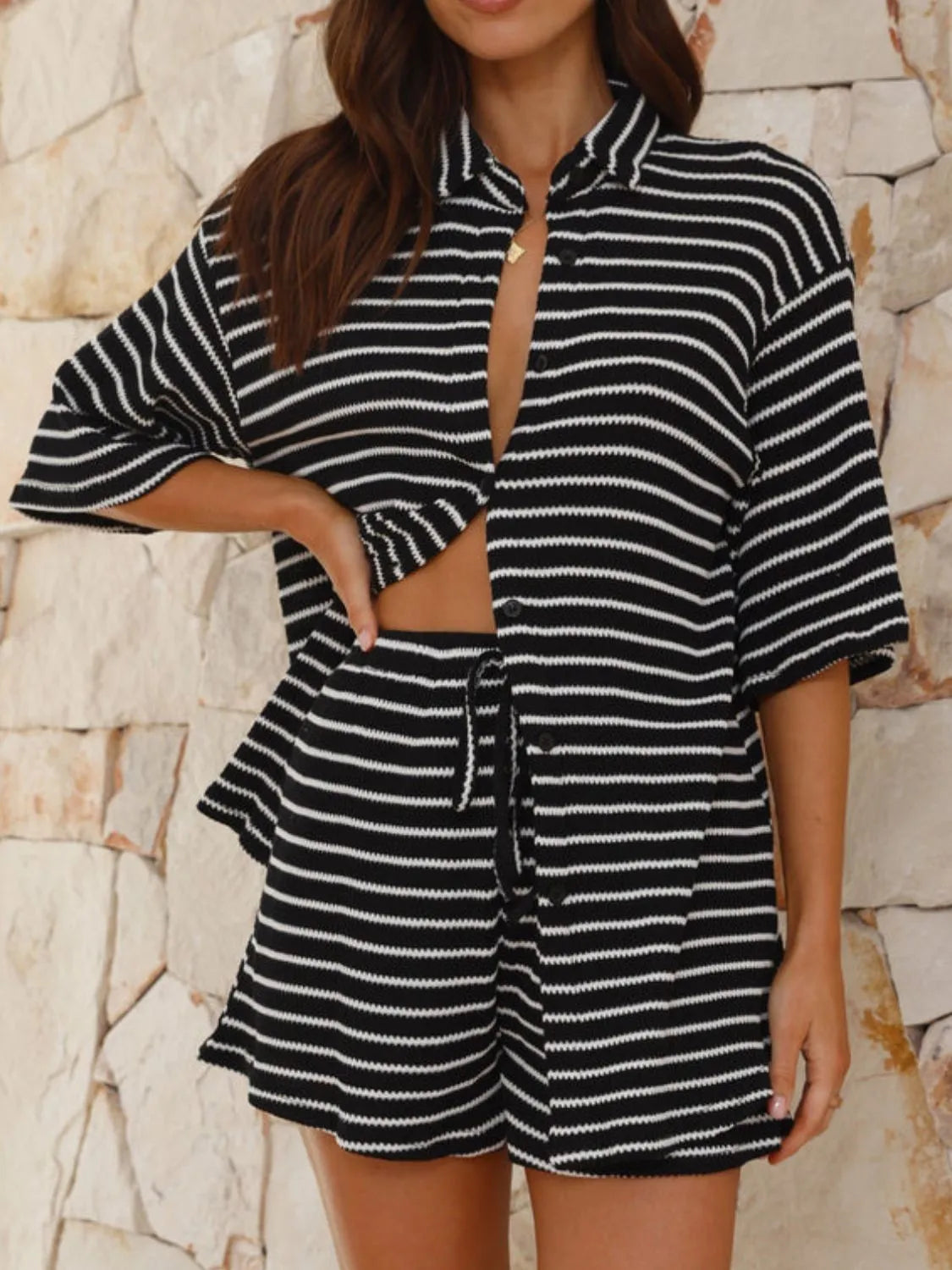 Striped Half Sleeve Top and Shorts Loungewear Set - Loungewear Sets