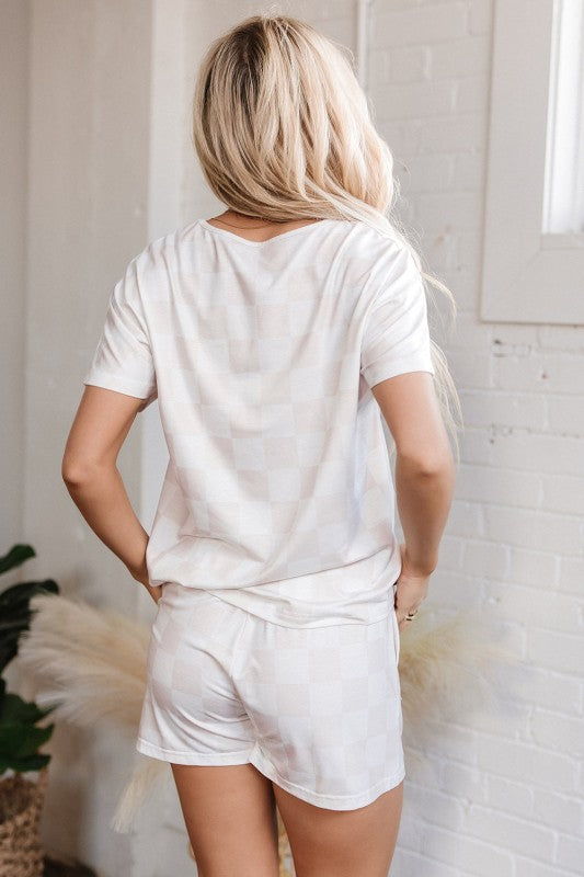 Checkered Tee and Drawstring Shorts Lounge Set | Trendy Loungewear Outfit Idea for Women by Ro + Ivy | Elevated Basics, Modern Comfort & Style