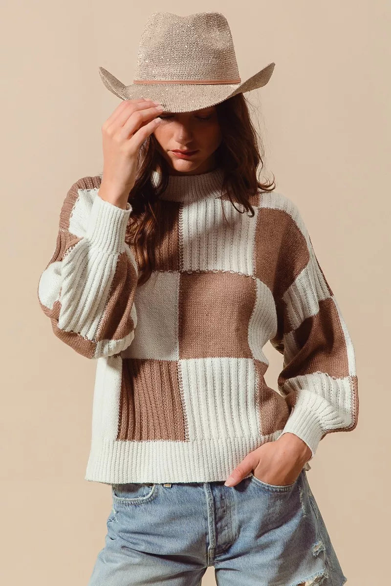 Ribbed Color Block Checkered Plaid Sweater - Sweaters