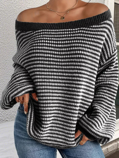 Oversized Striped Ribbed Knit Sweater with Boat Neck