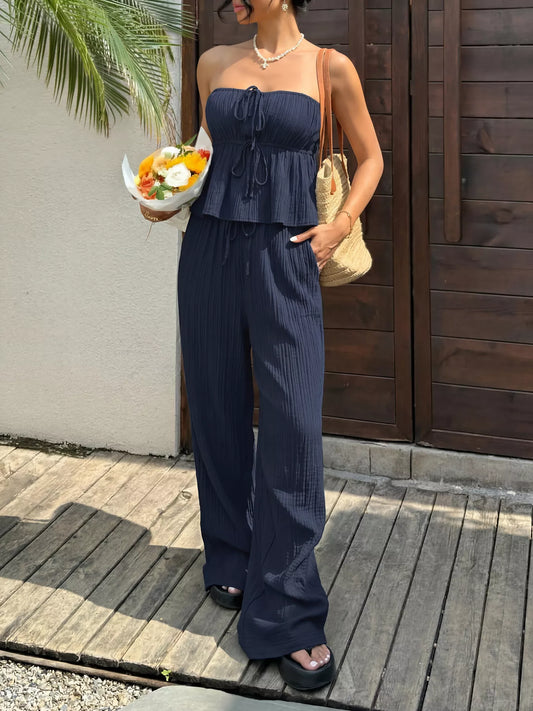 Women's Textured Tube Top and Flowy Wide Leg Pants Set Navy