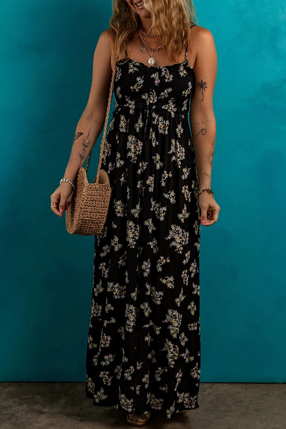 Floral Spaghetti Strap Shirred Bodice Tied Empire Waist Maxi Dress - Maxi Dresses