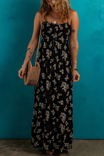 Floral Spaghetti Strap Shirred Bodice Tied Empire Waist Maxi Dress - Maxi Dresses