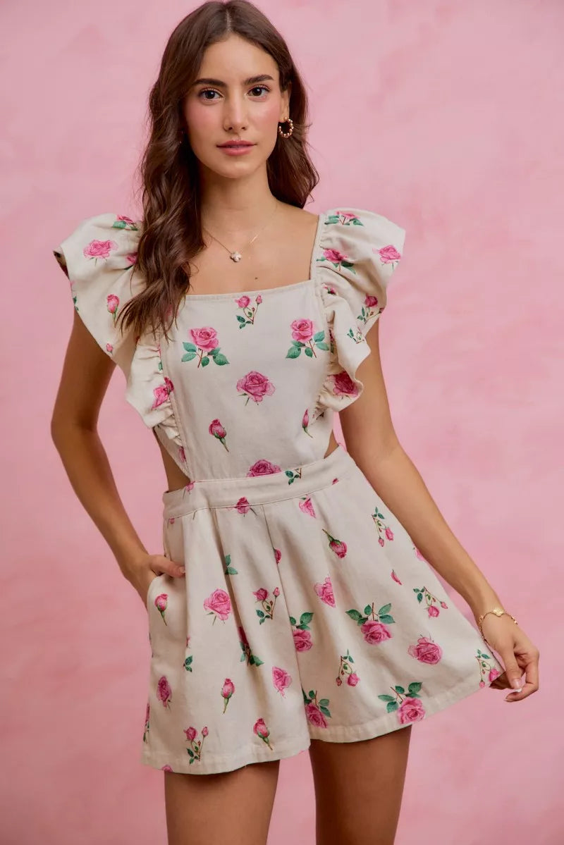 Floral Print Denim Cut-Out Waist Ruffled Romper — Playful Feminine Casual Sunny Style - Rompers