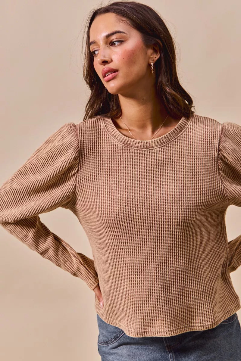 Lightweight Mineral Washed Waffle Top With Puff Sleeves | Trendy Tops Outfit Idea for Women by Ro + Ivy | Elevated Basics, Modern Comfort & Style