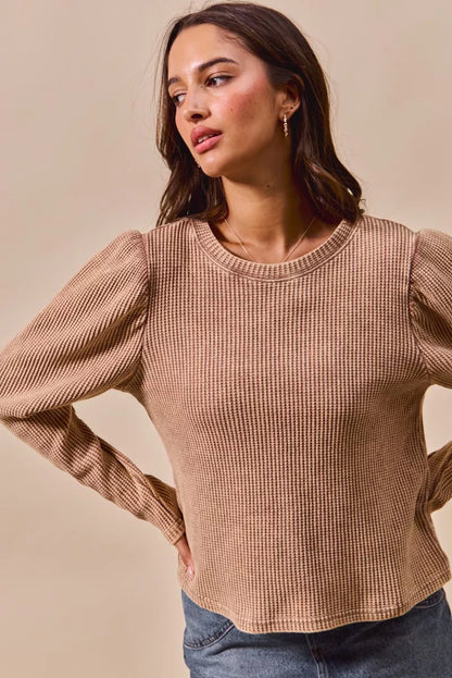 Lightweight Mineral Washed Waffle Top With Puff Sleeves | Trendy Tops Outfit Idea for Women by Ro + Ivy | Elevated Basics, Modern Comfort & Style
