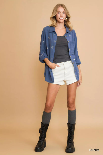 Ribbon Linen Blend Button Up Shirt in Denim | Trendy Shirts Outfit Idea for Women by Ro + Ivy | Elevated Basics, Modern Comfort & Style