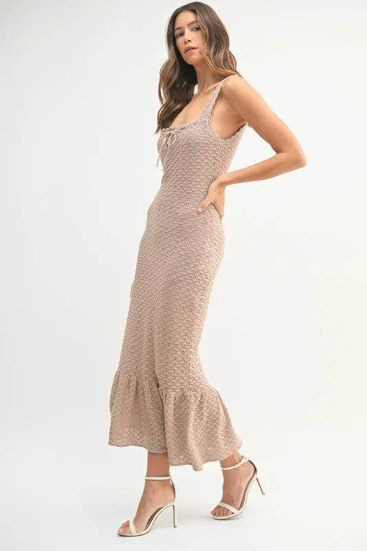 Ruffled Hem Sleeveless Crochet Knit Midi Dress in Mocha – outfit idea for women | Ro + Ivy