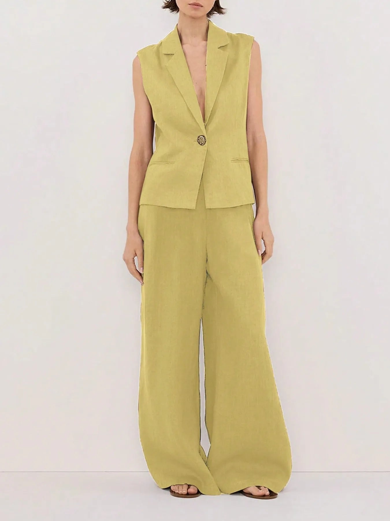Women's One Button Sleeveless Top and Pants Set - Yellow Matching Sets