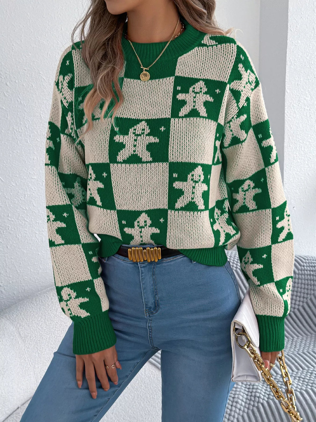Christmas Checkerboard Gingerbread Print Round Neck Sweater