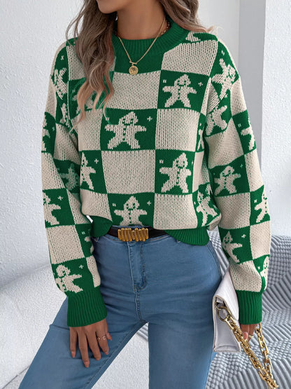 Christmas Checkerboard Gingerbread Print Round Neck Sweater
