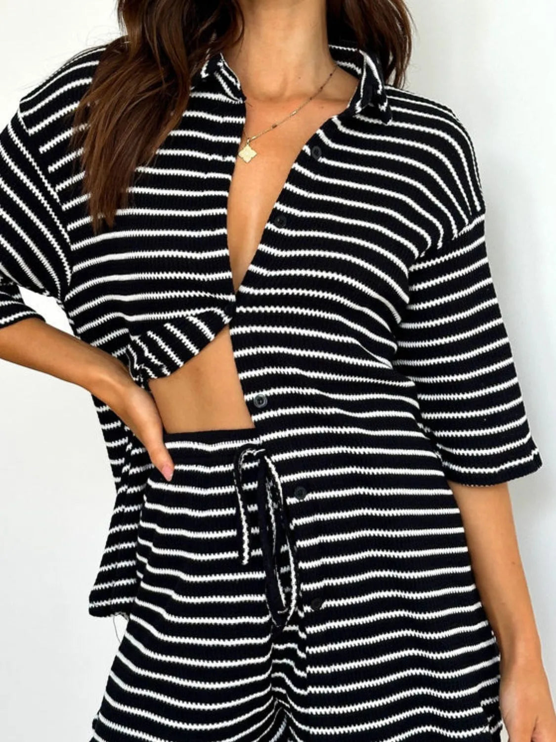 Striped Half Sleeve Top and Shorts Loungewear Set - Black Loungewear Sets