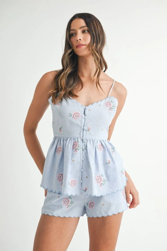 Stripe Embroidered Peplum Cami And Shorts Set – Blue outfit idea for women | Ro + Ivy