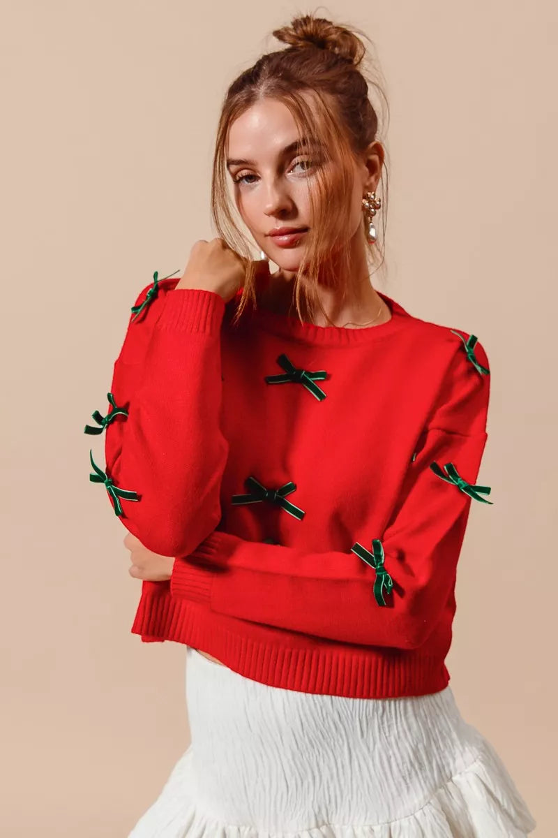 Long Sleeve Ribbon Bow Applique Sweater in Red | Trendy Sweaters Outfit Idea for Women by Ro + Ivy | Elevated Basics, Modern Comfort & Style