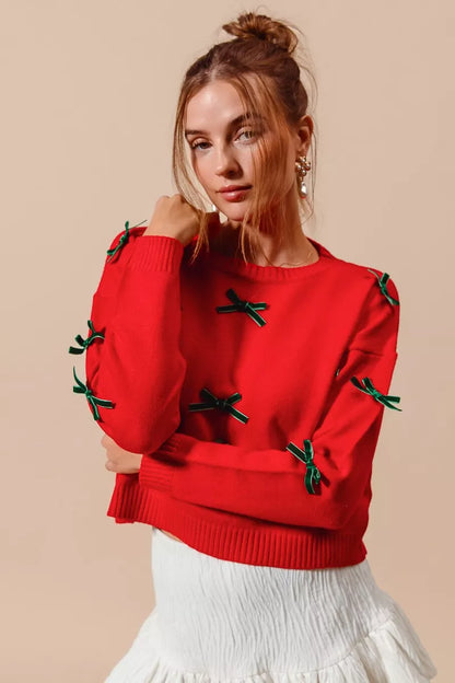 Long Sleeve Ribbon Bow Applique Sweater in Red | Trendy Sweaters Outfit Idea for Women by Ro + Ivy | Elevated Basics, Modern Comfort & Style