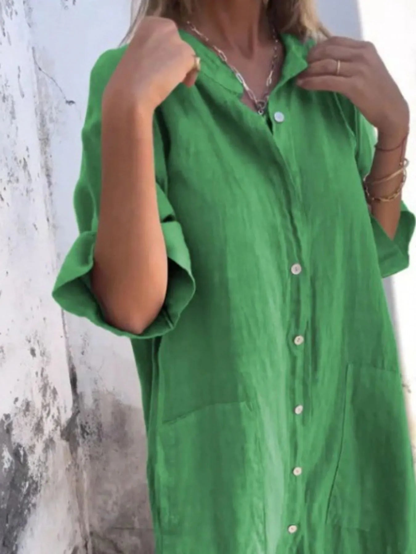 Women's Linen Button Down Shirt Mini Dress - Green Mini Dresses
