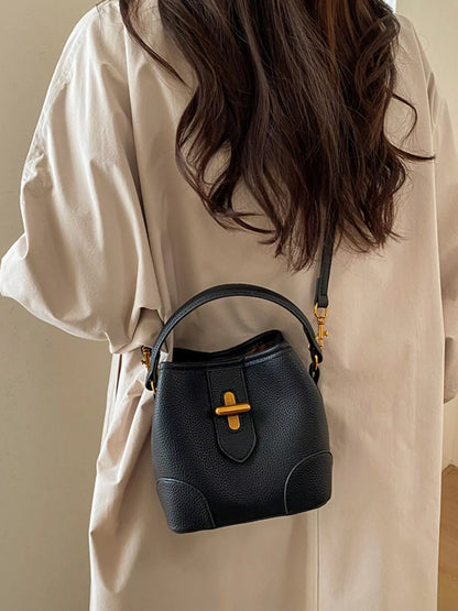 Textured Faux Leather Bucket Crossbody Bag Black onesize