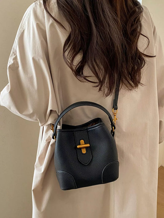 Textured Faux Leather Bucket Crossbody Bag Black onesize
