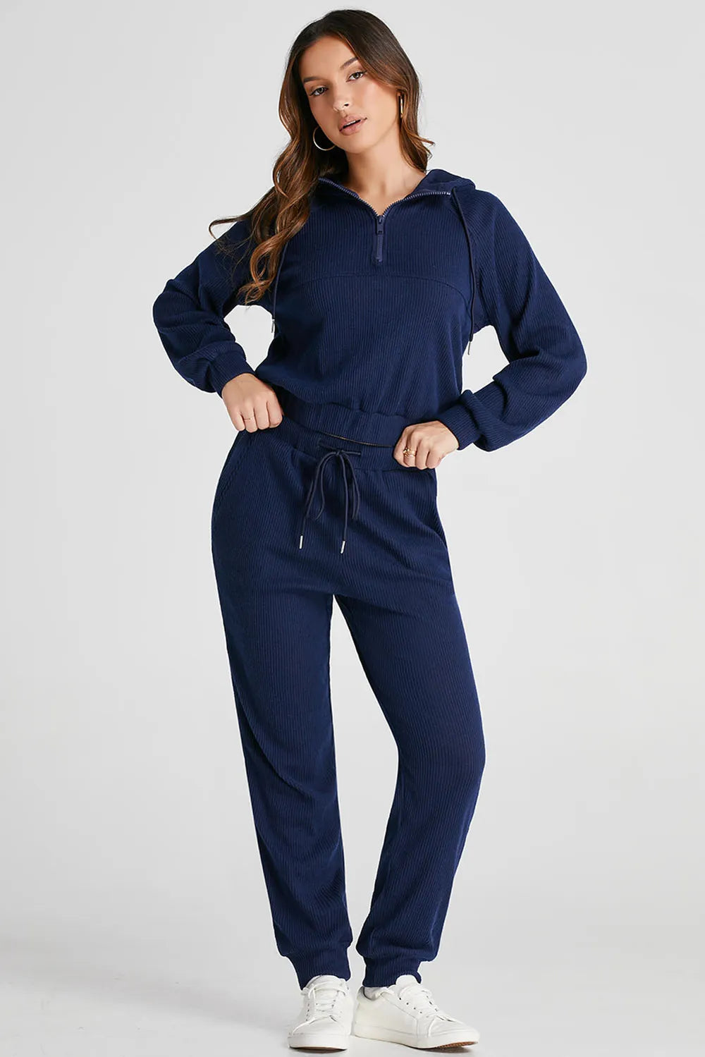 Ribbed Half Zip Hoodie and Joggers Loungewear Set