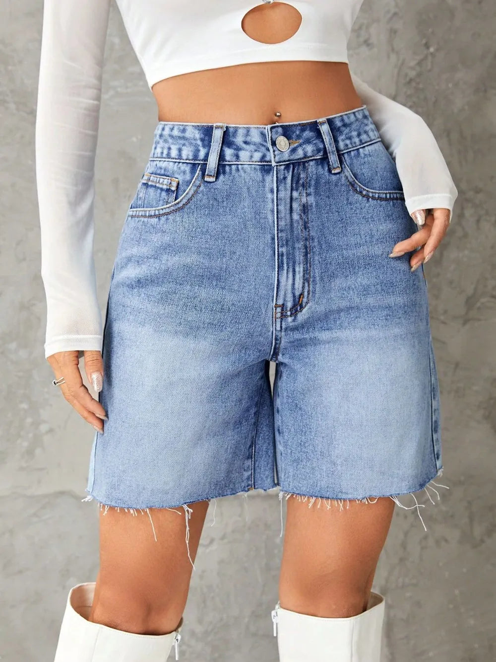 Frayed Hem Long Denim Shorts - Light Shorts