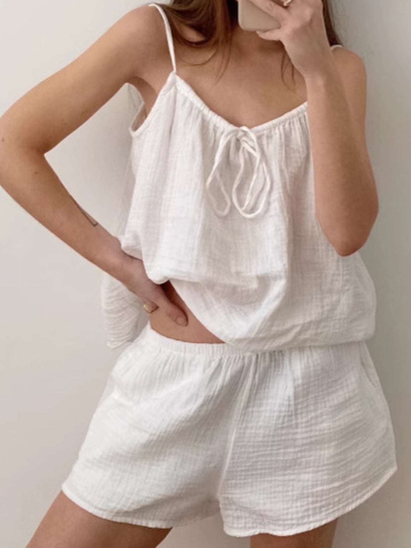 Tie Front Relaxed Fit Cami And Shorts Set - Outfit Sets