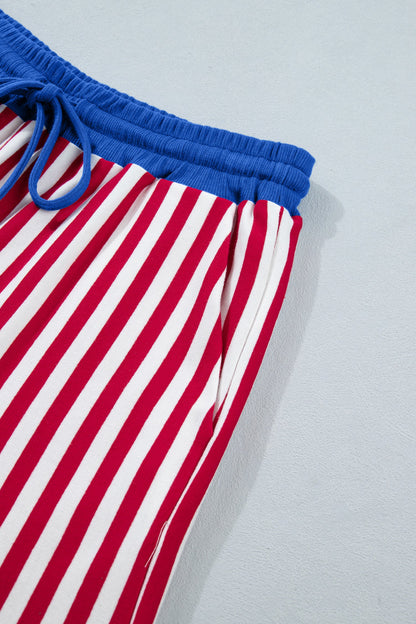 Striped V-Neck Contrast Trim Tee & Matching Shorts Two-Piece Set — Cute Casual Style - Short Sets