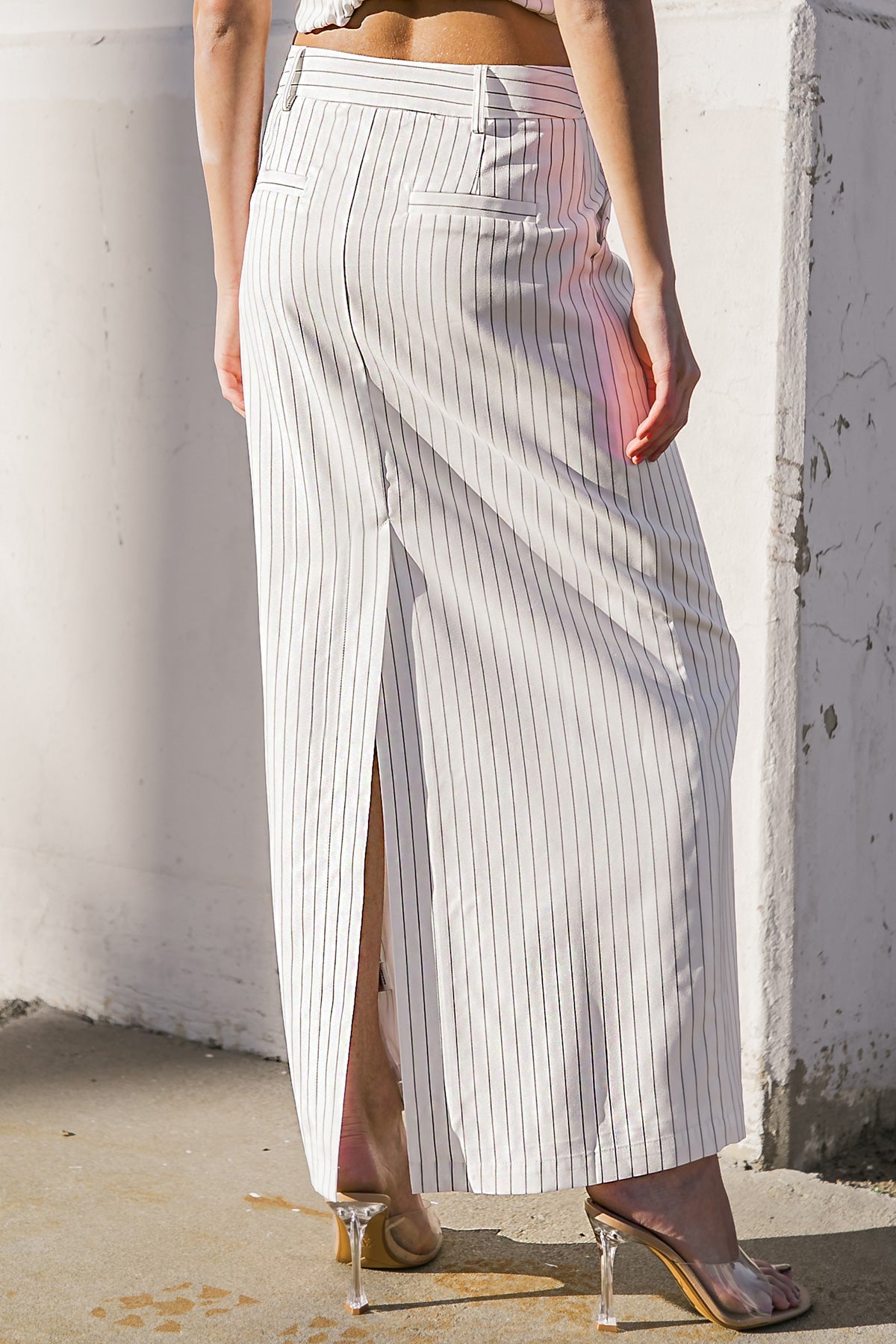 Striped Full Length Skirt with Back Slit | Trendy Skirts Outfit Idea for Women by Ro + Ivy | Elevated Basics, Modern Comfort & Style