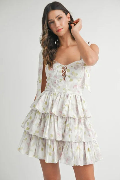Floral Print Shoulder Tie Layered Mini Dress – Off White outfit idea for women | Ro + Ivy