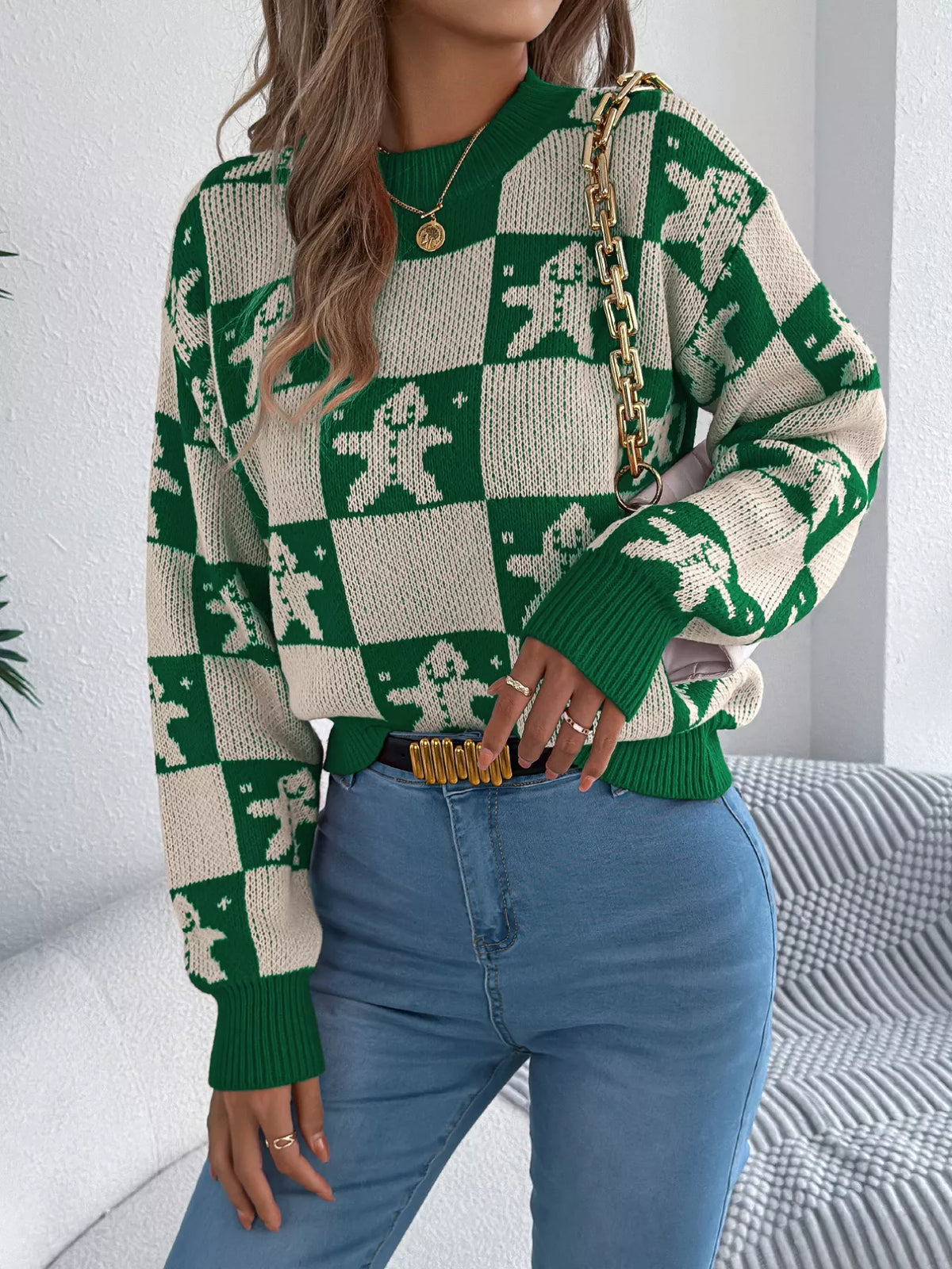 Christmas Checkerboard Gingerbread Print Round Neck Sweater Green