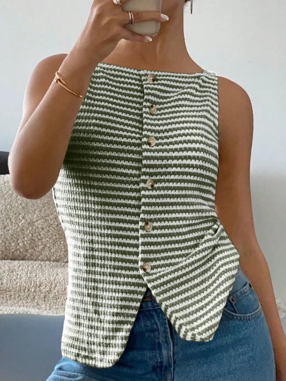 Women's Button Down Striped Tank Top - Tank Tops