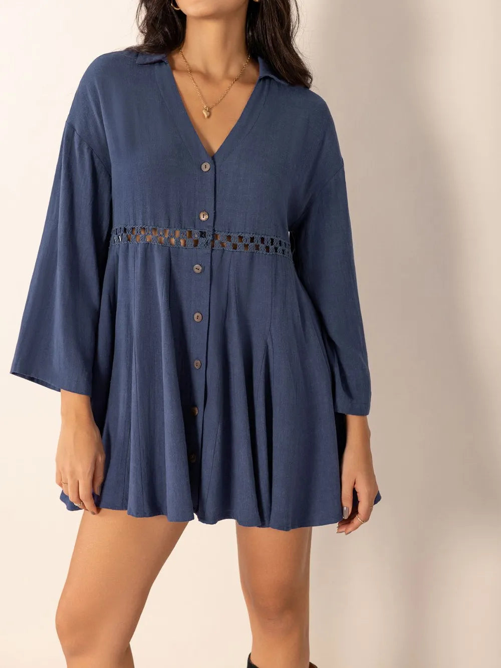 Cutout Johnny Collar V Neck Long Sleeve Mini Dress - Mini Dresses