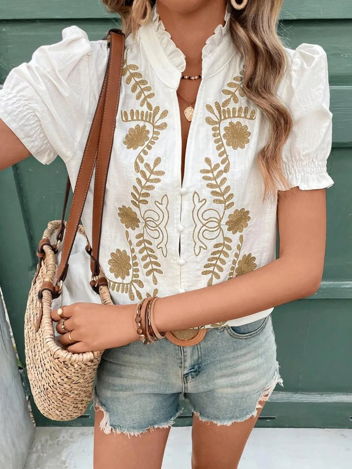 Embroidered Frill Notched Short Puff Sleeve Blouse - Beige Blouses
