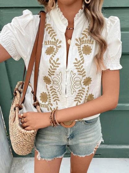 Embroidered Frill Notched Short Puff Sleeve Blouse - Beige Blouses
