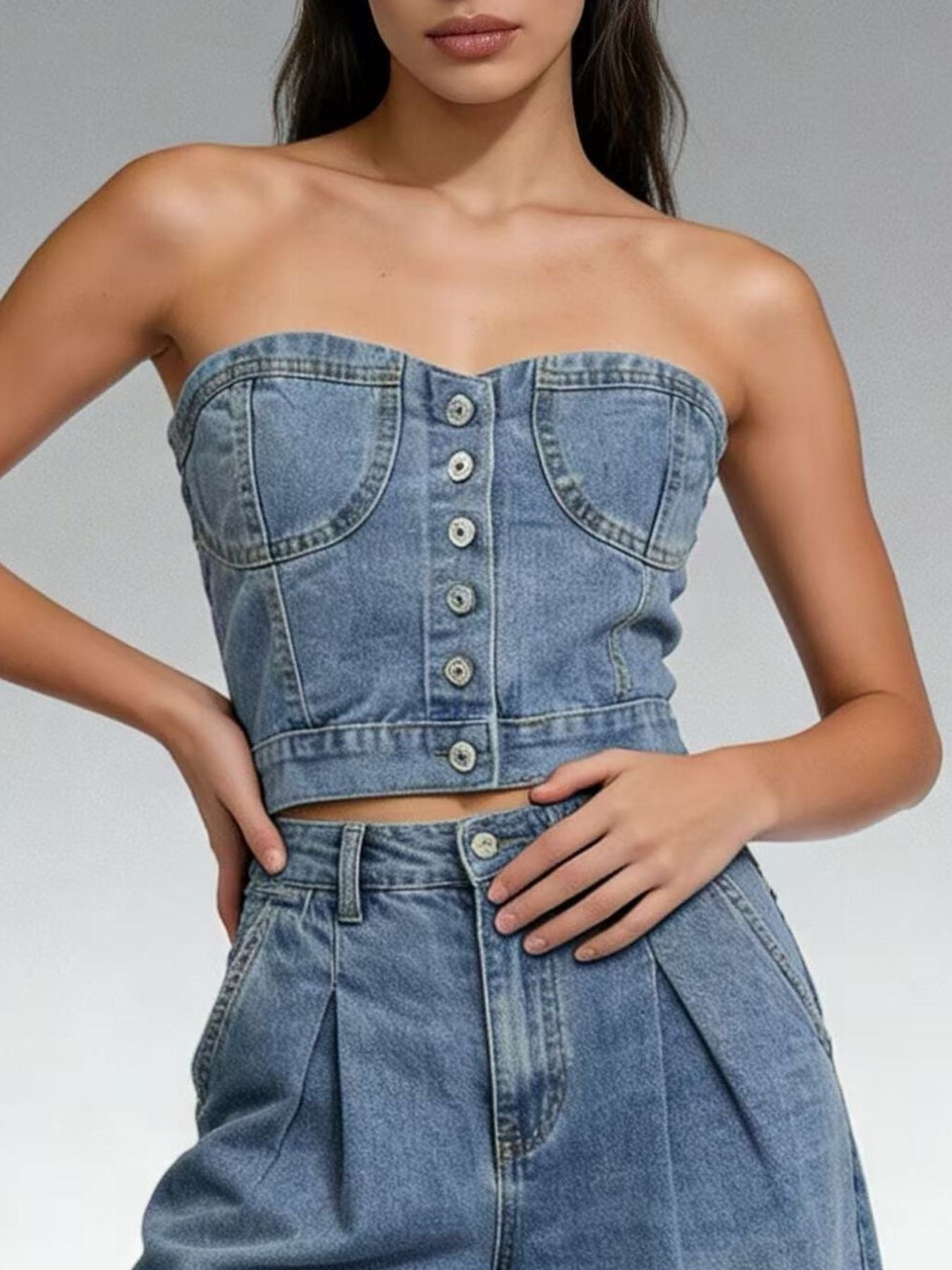 Button-Front Denim Tube Top - Tops