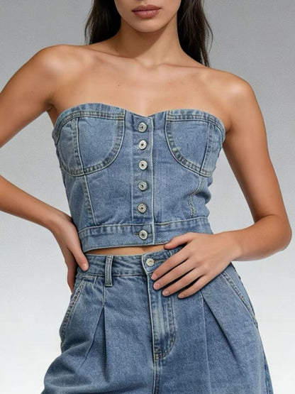 Button-Front Denim Tube Top - Tops