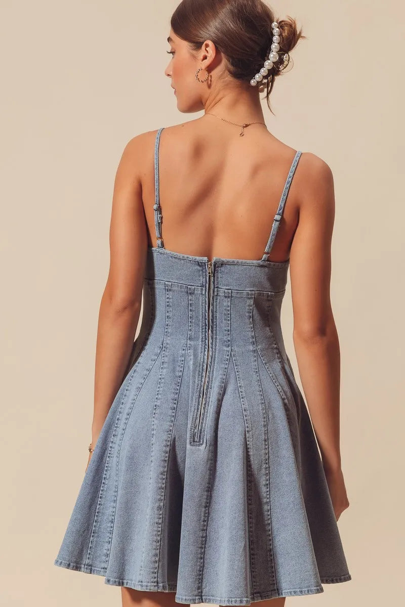 A Line Fit And Flare Denim Bow Ties Mini Dress | Trendy Mini Dresses Outfit Idea for Women by Ro + Ivy | Elevated Basics, Modern Comfort & Style