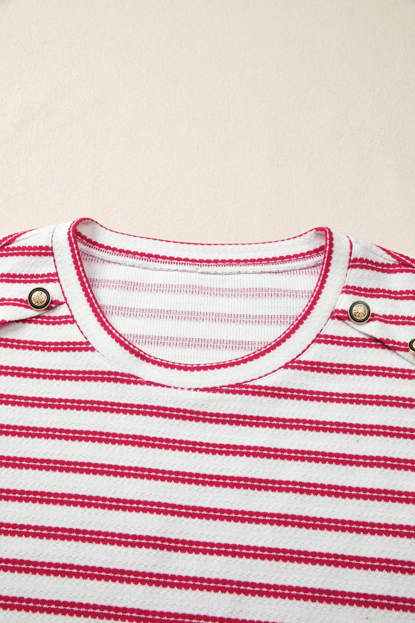 Striped Textured Knit Buttoned Shoulder Short Sleeve Tee — Unique Casual Everyday Style - Tops/Tops & Tees