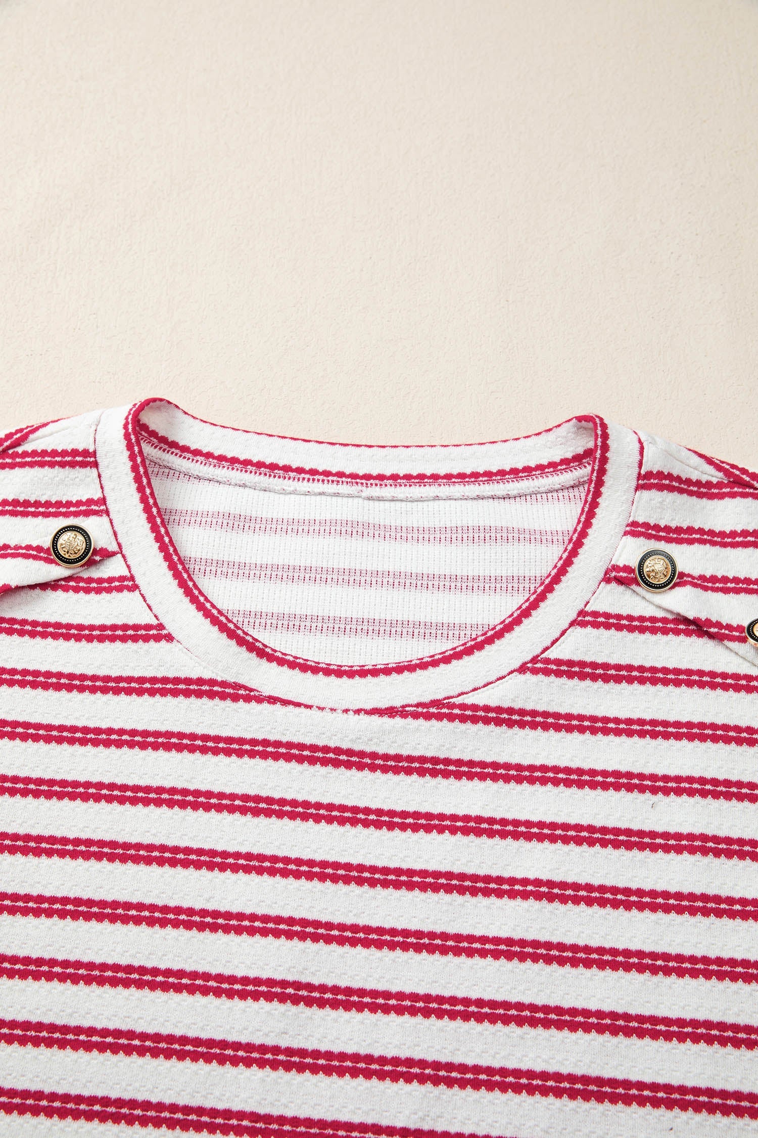 Striped Textured Knit Buttoned Shoulder Short Sleeve Tee — Unique Casual Everyday Style - Tops/Tops & Tees