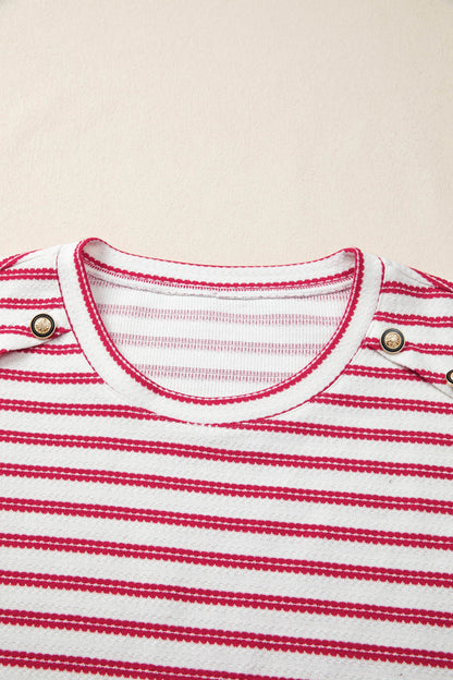 Striped Textured Knit Buttoned Shoulder Short Sleeve Tee — Unique Casual Everyday Style - Tops/Tops & Tees