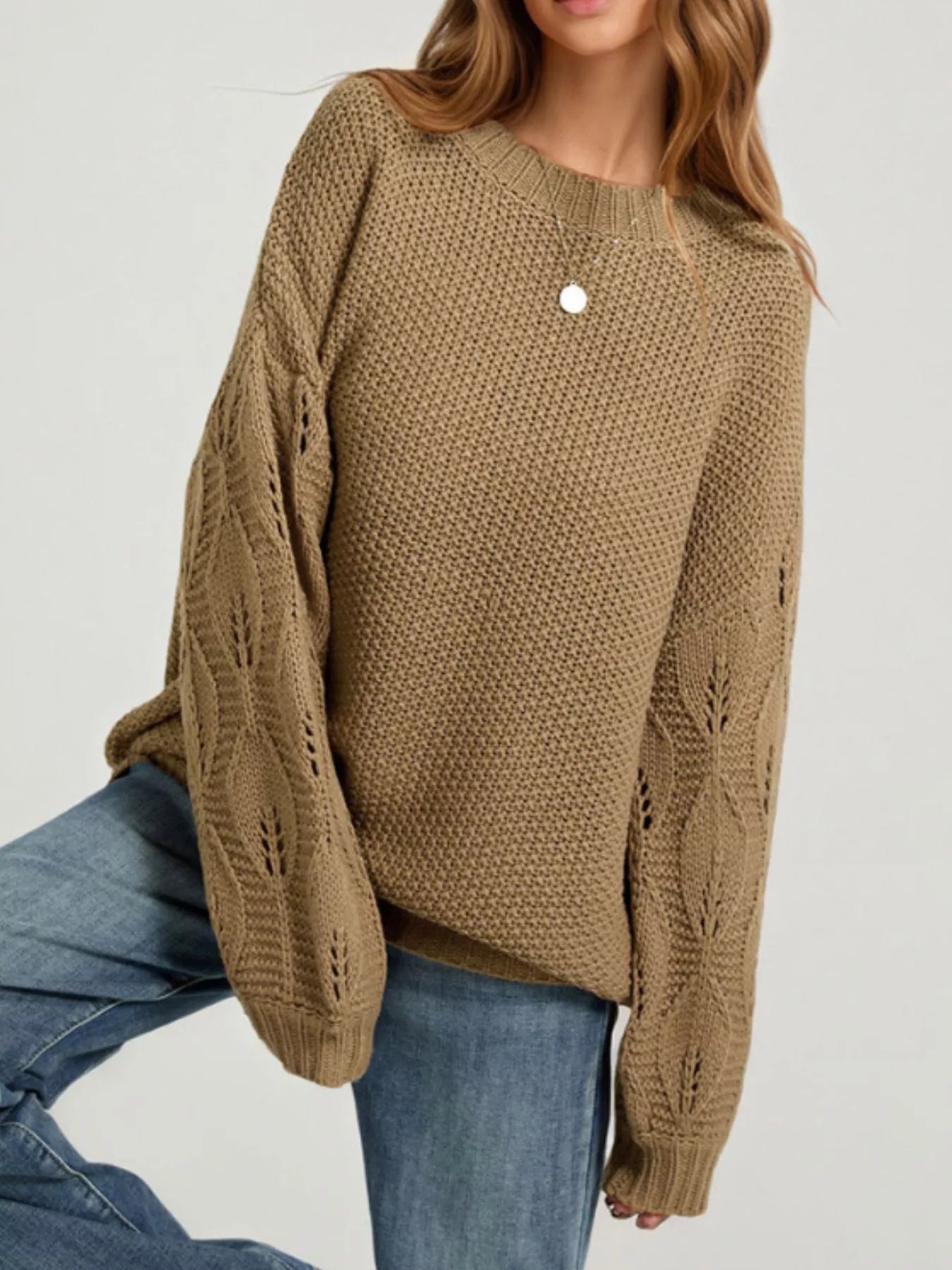 Textured Knit Openwork Sleeves Sweater